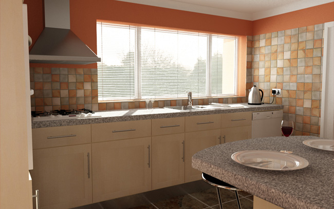 Rendered Image of Kitchen, viewing towards the Window